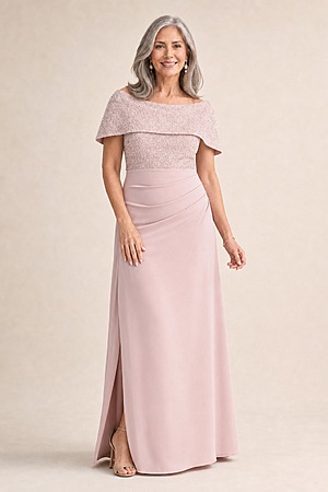 Veronica Beaded Off Shoulder Blush Gown by Trellis Lane mother of the bride dress on model