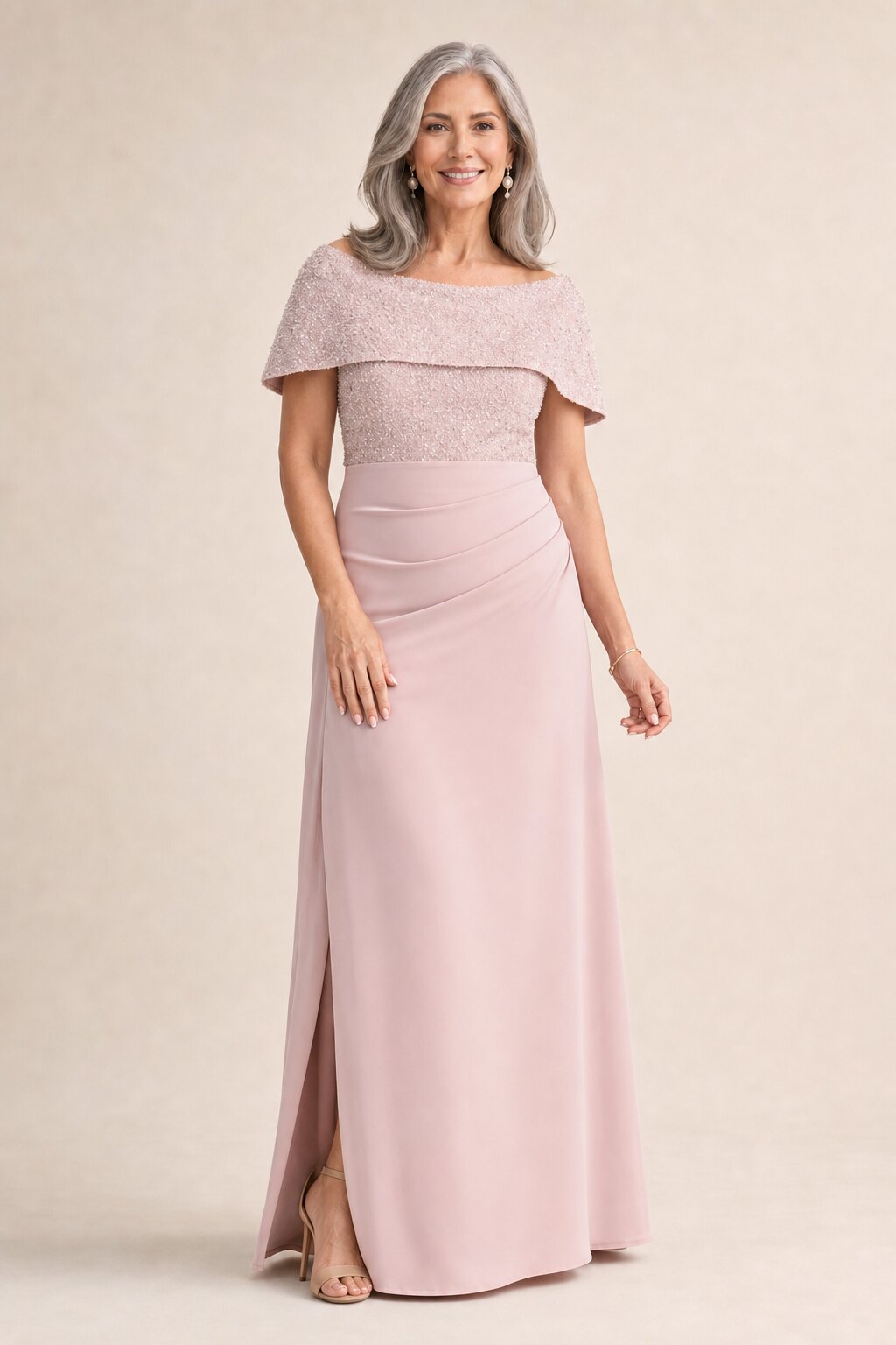 Veronica Beaded Off Shoulder Blush Gown by Trellis Lane
