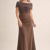 Veronica Beaded Off Shoulder Chocolate Gown by Trellis Lane mother of the bride dress on model