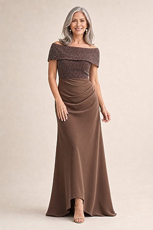 Veronica Beaded Off Shoulder Chocolate Gown by Trellis Lane mother of the bride dress on model