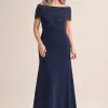 Veronica Beaded Off Shoulder Navy Gown by Trellis Lane mother of the bride dress on model