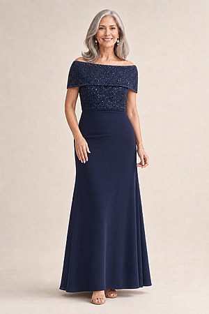 Veronica Beaded Off Shoulder Navy Gown by Trellis Lane mother of the bride dress on model