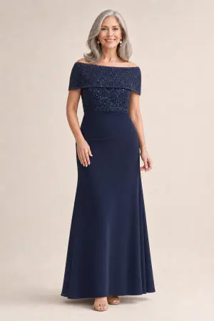 Veronica Beaded Off Shoulder Navy Gown by Trellis Lane