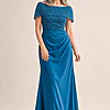 Veronica Beaded Off Shoulder Teal Gown by Trellis Lane mother of the bride dress on model