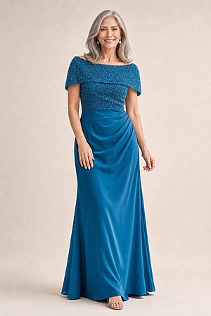 Veronica Beaded Off Shoulder Teal Gown by Trellis Lane mother of the bride dress on model