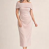 Veronica Off Shoulder Beaded Mid Length Gown by Trellis Lane in Blush mother of the bride dress on model