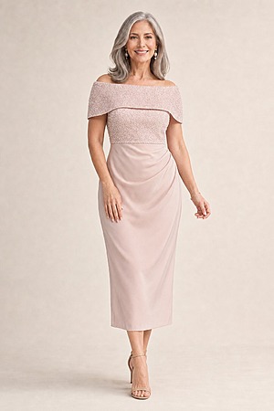 Veronica Off Shoulder Beaded Mid Length Gown by Trellis Lane in Blush mother of the bride dress on model