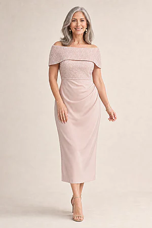 Veronica Off Shoulder Beaded Mid Length Gown by Trellis Lane in Blush