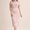 Veronica Off Shoulder Blush Midi Beaded Dress Detail by Trellis Lane mother of the bride dress on model