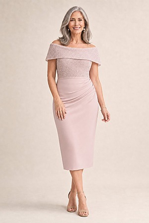 Veronica Off Shoulder Blush Midi Beaded Dress Detail by Trellis Lane mother of the bride dress on model