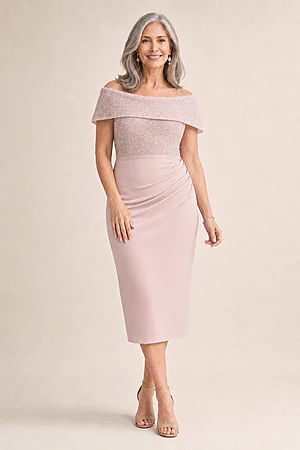 Veronica Off Shoulder Blush Midi Beaded Dress Detail by Trellis Lane