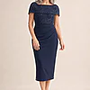 Veronica Off Shoulder Navy Midi Beaded Dress Detail by Trellis Lane mother of the bride dress on model