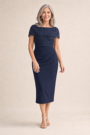 Veronica Off Shoulder Navy Midi Beaded Dress Detail by Trellis Lane mother of the bride dress on model