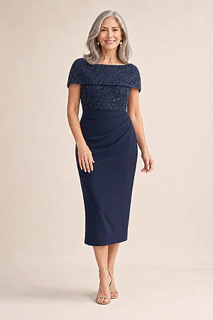 Veronica Off Shoulder Navy Midi Beaded Dress Detail by Trellis Lane