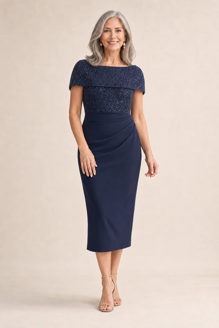 Veronica Off Shoulder Navy Midi Beaded Dress Detail by Trellis Lane mother of the bride dress on model