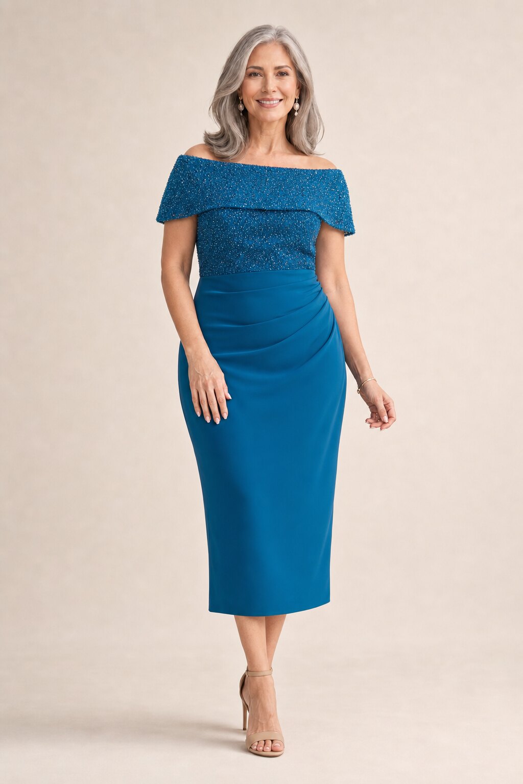 Veronica Off Shoulder Teal Midi Beaded Dress Detail by Trellis Lane