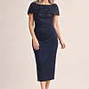 Veronica Off the Shoulder Beaded Mid Length Gown by Trellis Lane in Navy mother of the bride dress on model
