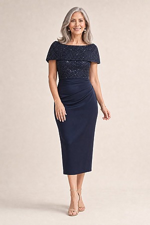 Veronica Off the Shoulder Beaded Mid Length Gown by Trellis Lane in Navy mother of the bride dress on model