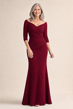 Vianne Wine Sleeved Gown Classic Glamour with Modern Balance by Trellis Lane mother of the bride dress on model