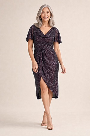 Yolanda Sequin Cocktail Gown by Tania Olsen - Plum mother of the bride dress on model