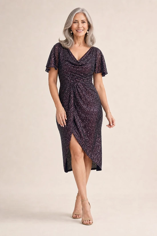 Yolanda Sequin Cocktail Gown by Tania Olsen - Plum mother of the bride dress on model
