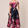 Floral Jacquard Off Shoulder Gown In Navy Pink Multi by Adrianna Papell mother of the bride dress on model
