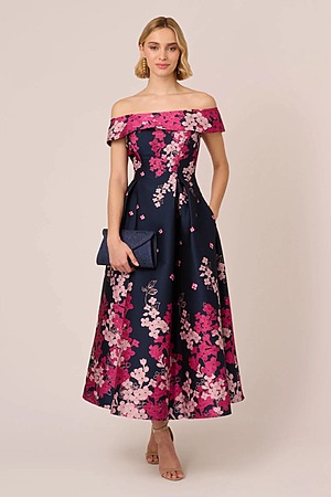 Floral Jacquard Off Shoulder Gown In Navy Pink Multi by Adrianna Papell mother of the bride dress on model