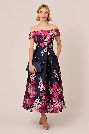 Floral Jacquard Off Shoulder Gown In Navy Pink Multi by Adrianna Papell