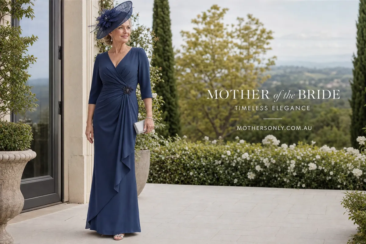 Hero lifestyle shot of a mother-of-the-bride or mother-of-the-groom formal gown on a mature model, contextually illustra
