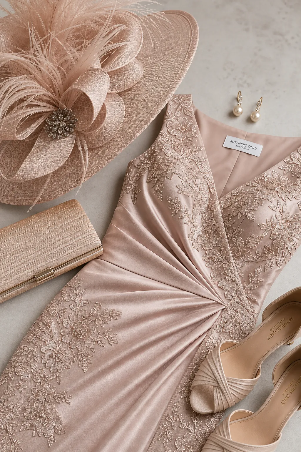 Detail close-up or styled flat-lay of a mother-of-the-bride or mother-of-the-groom formal gown on a mature model with co
