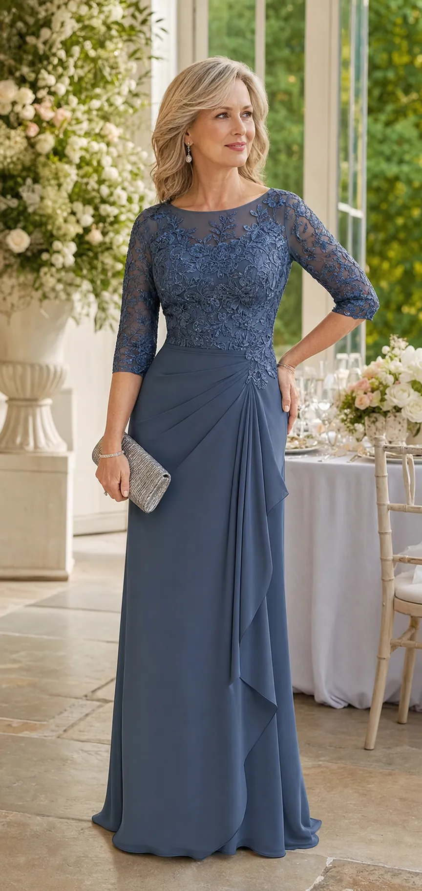 Mother of the bride in a black formal gown at an evening wedding