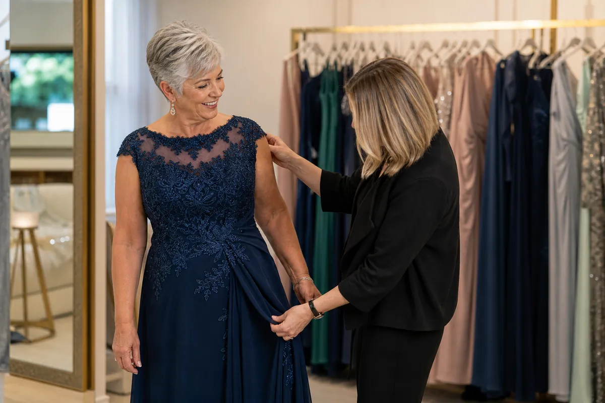 Comparing black mother of the bride dresses in a boutique