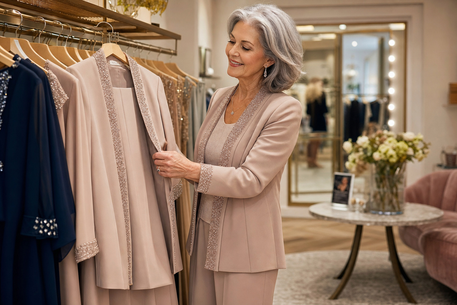 Mid-article supporting image of a person handling or selecting a mother-of-the-bride or mother-of-the-groom formal gown