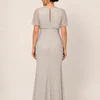 Back view of the crystal silver beaded gown showing the open keyhole back and centre back zip