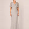 Crystal silver hand-beaded cowl neck gown with short flutter sleeves, front view, worn by a mother of the groom