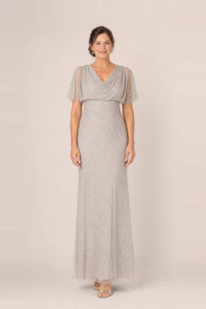 Short Sleeve Diamond Beaded Cowl Gown by Adrianna Papell - Crystal Silver
