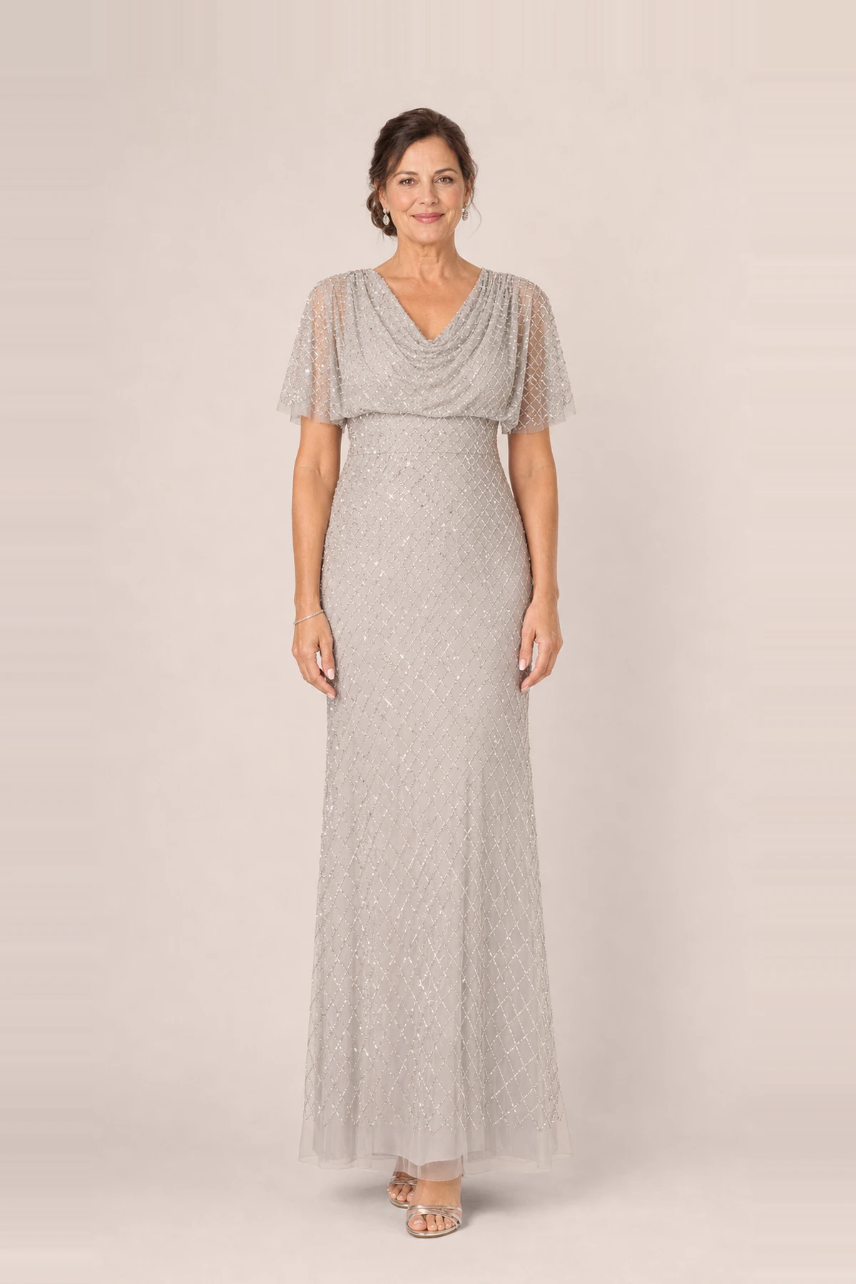 Short Sleeve Diamond Beaded Cowl Gown by Adrianna Papell - Crystal Silver