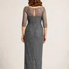 Back view of the charcoal pearl-beaded pencil gown showing the sheer illusion back, keyhole opening and centre back zip