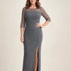 Charcoal grey pearl-beaded pencil gown with sheer illusion neckline and three-quarter sleeves, front view, worn by a mother of the bride