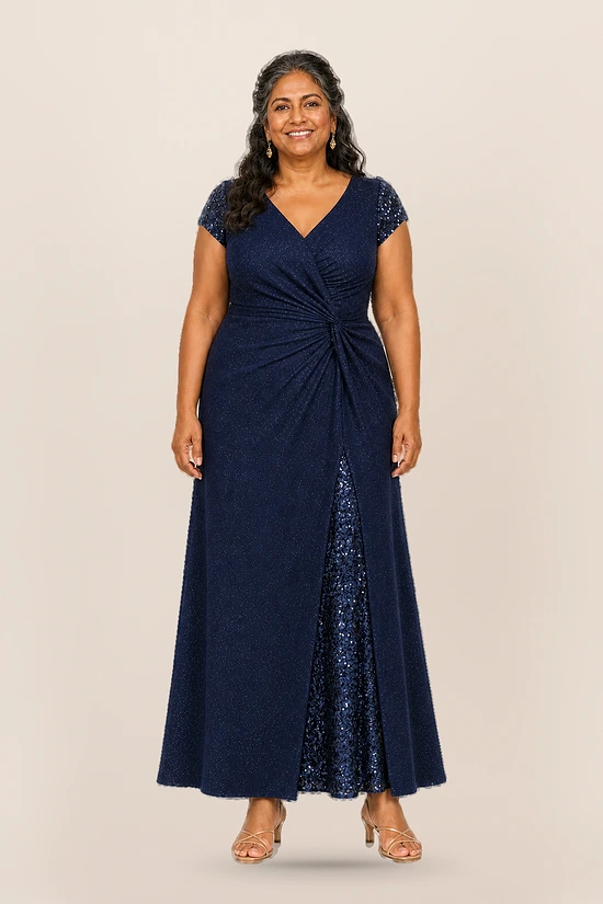 Delphine Twist Waist Glitter Knit Navy Gown by Dressology mother of the bride dress on model