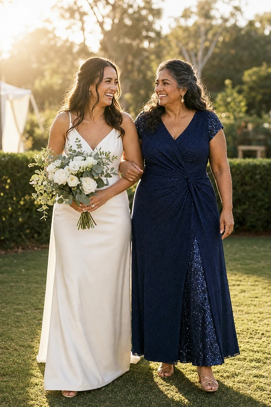 Mother of the bride wearing the navy Delphine glitter knit gown by Dressology, laughing arm in arm with her daughter the bride at a garden wedding