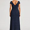 Back view of the Delphine navy twist-waist glitter knit gown by Dressology on a regular size model