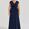 Delphine navy glitter knit gown by Dressology shown on a regular size model, front view