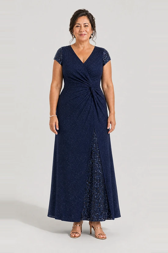 Delphine navy glitter knit gown by Dressology shown on a regular size model, front view
