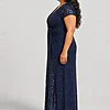 Delphine navy glitter knit gown side view showing the twist waist and sequin godet