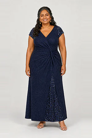 Delphine Twist Waist Glitter Knit Navy Gown by Dressology