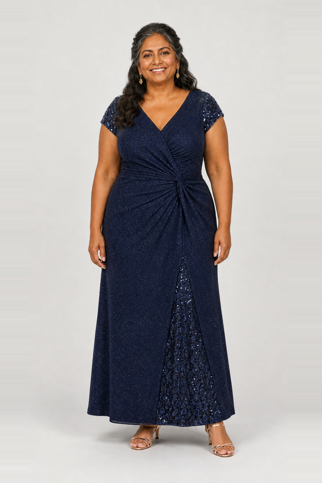 Delphine Twist Waist Glitter Knit Navy Gown by Dressology
