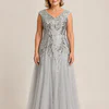 Silver glitter embroidered A-line gown with V-neckline and cap sleeves, front view, worn by a mother of the bride