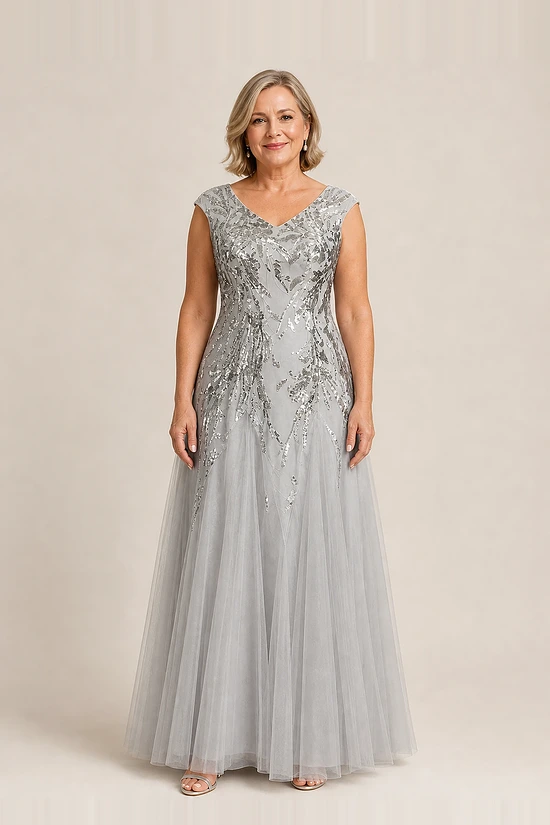 Silver glitter embroidered A-line gown with V-neckline and cap sleeves, front view, worn by a mother of the bride