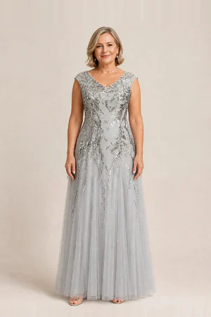 Sylvie Glitter Embroidered Silver Gown Soft Sparkle with Gentle Coverage by Dressology